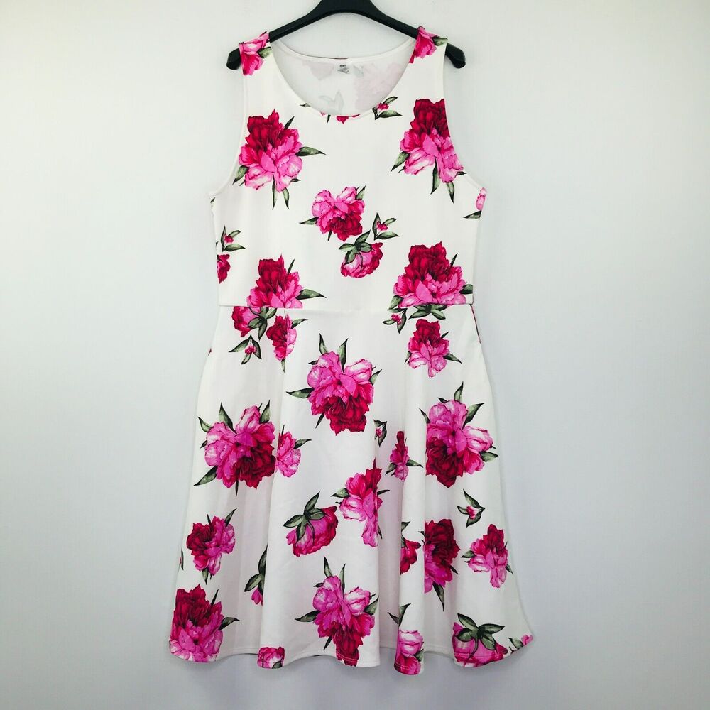 Agnes & Dora Women's 3XL Dress White Pink Peony Floral Print Midi A-Line Plus